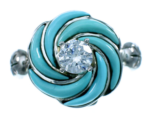 Cubic Zirconia Flower Turquoise Inlay Sterling Silver Ring Size 5-3/4 LX113063